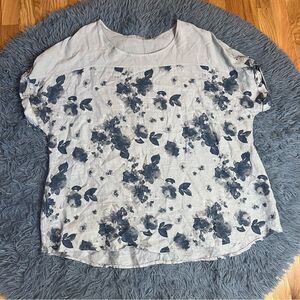Lungo Larno Top Womens Linen Gray Blue Floral Short Sleeve Lagenlook Size 3X